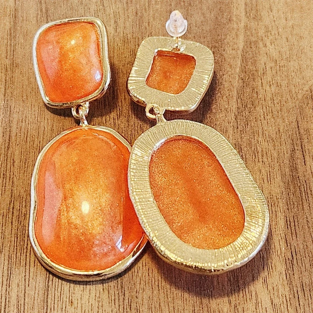 Orange Shimmer Resin Drop Earrings Gold Tone Geometric Statement Dangle 2.0